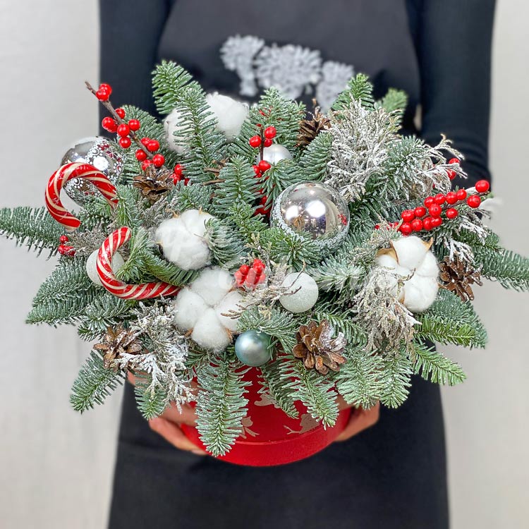 Леденцы и елочные игрушки в коробке (крупный план)